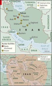 Iran nuclear sites and rocket range (Economist 3-Oct-09)